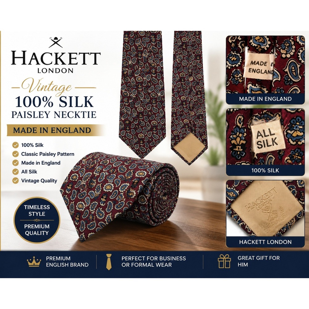 Hackett London Vintage Paisley Silk Tie Mens Burgundy Blue Made in England
